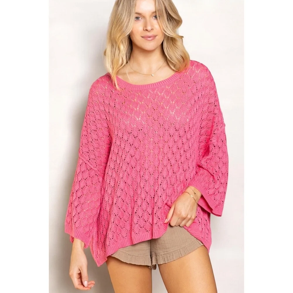 POL Hot Pink Crochet & Rib Knit Oversized Transitional Sweater